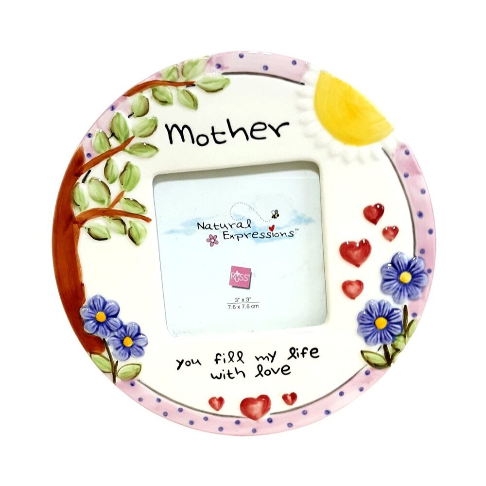 Mother-Themed Round Ceramic Picture Frame By Russ With Sunflower & Floral Accent